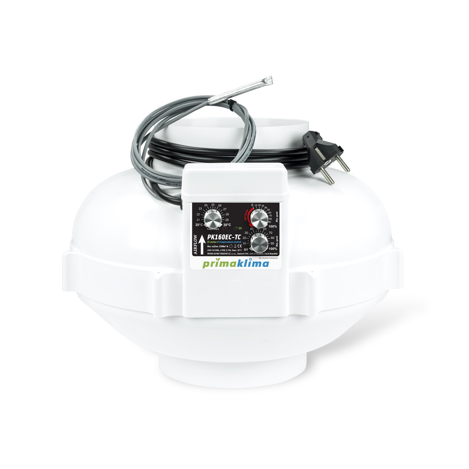 Rohrventilator PrimaKlima PK160EC-TC 1180m³/h Drehzahl- u. Klimaregler